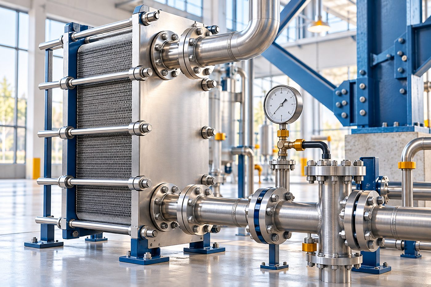 Plate heat exchanger with pressure gauge and piping in an industrial hall